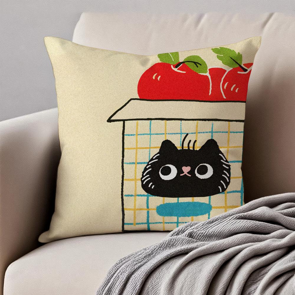 Cute Art Cartoon Handdrawn Cat Cushion Cover Pillowcase Antidustmite Invisible Zipper Short Plush Sofa Cushion