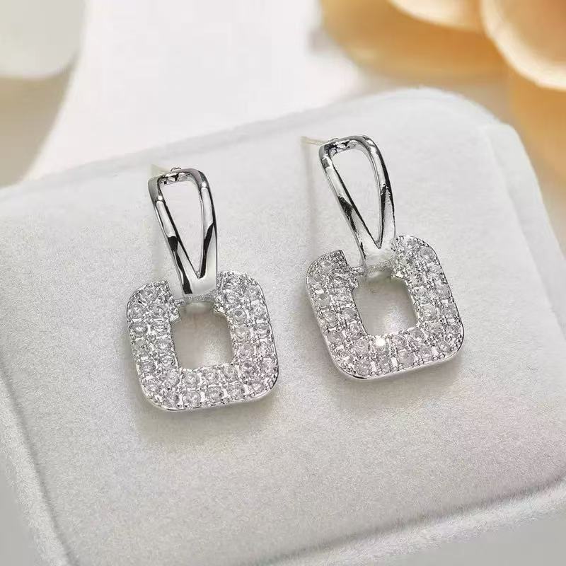 S925 Silver Needle Full Diamond Earrings New Personality Temperament Versatile Square Full Diamond Earrings Stud Earrings