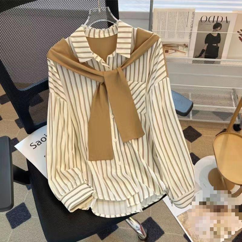 Women's Striped Shawl Two-Piece Long-Sleeve Shirt - 2025 Spring Collection