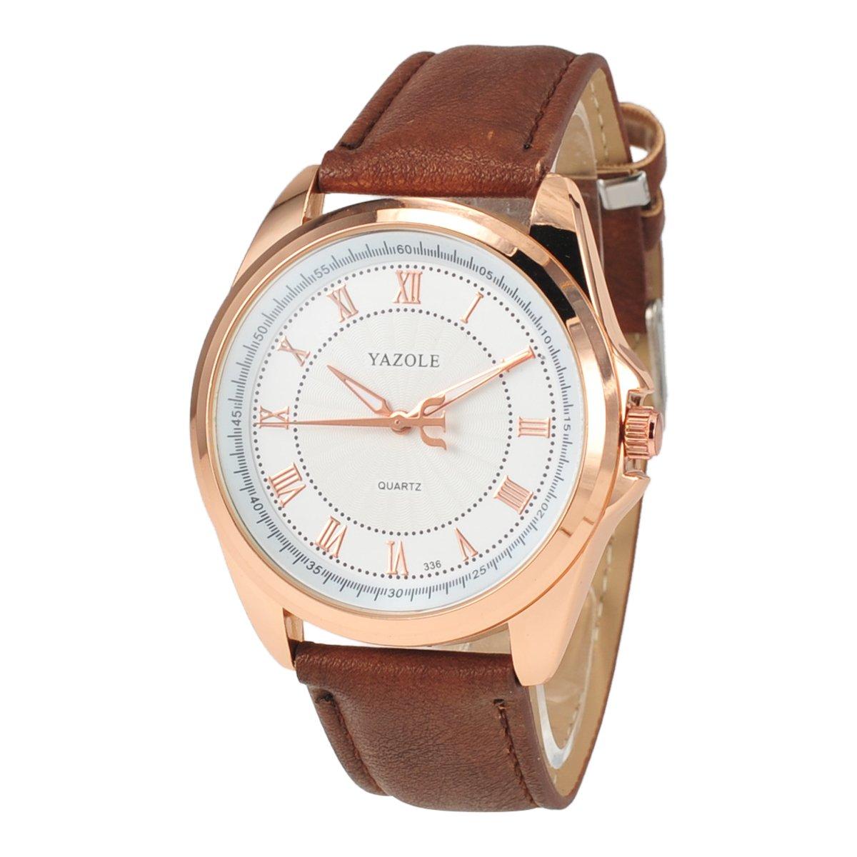 

YAZOLE Luxury Men s Leather Strap Watch, Thick Strap, Spare Battery Included (Brown)