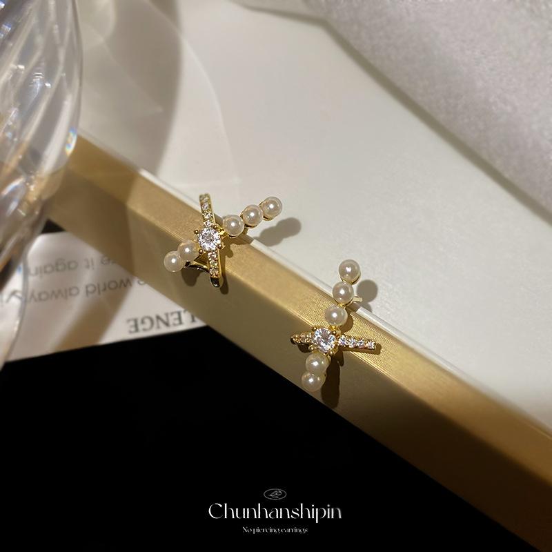 Zircon cross pearl ear clips women's niche design exquisite gentle stud earrings fashion light luxury temperament no pierced earrings