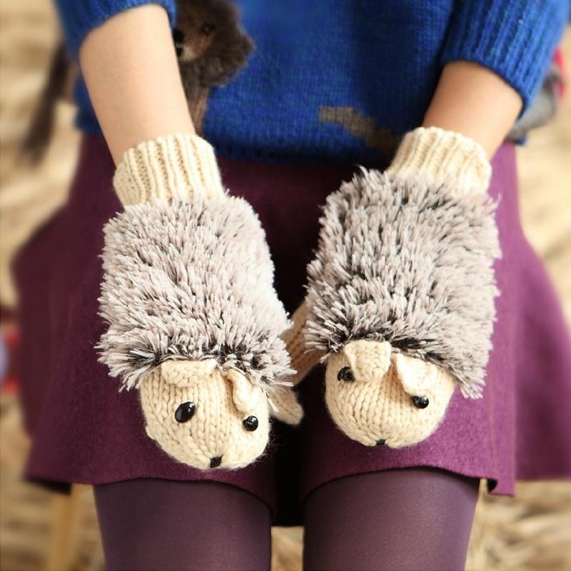 Women Autumn Winter Gloves Women Mittens Cartoon Knitted Hedgehog Glove Trendy Gift