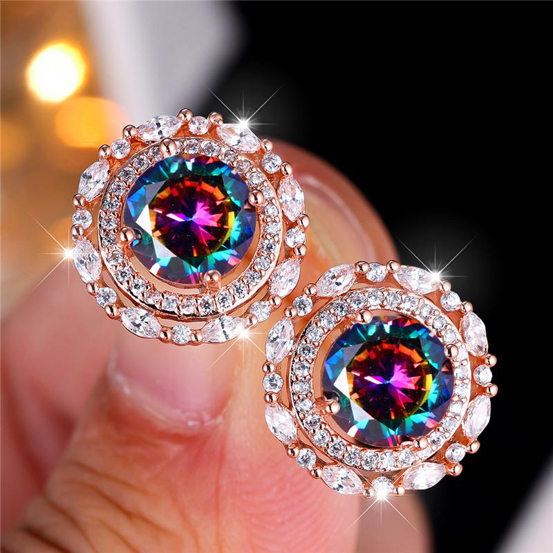 Female Crystal Rainbow Zircon Stone Round Stud Earrings Vintage Silver Color Wedding Fashion Jewelry For Women
