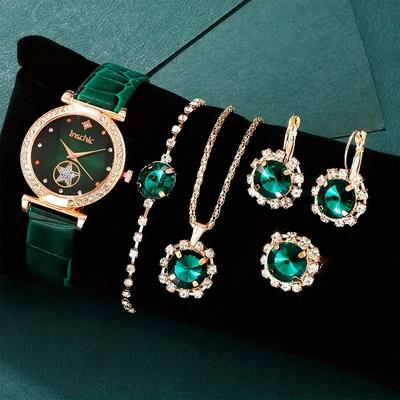 6 pezzi set verde orologio al quarzo di lusso da donna anello collana orecchino strass moda orologio da polso casual da donna bracciale orologi