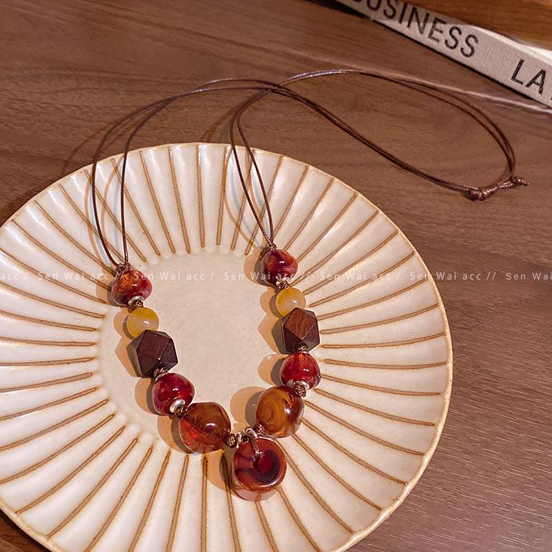 Vintage Wood Amber Special-shaped Resin Beaded Pendant Necklace Women's Leather Rope Ethnic Style Long Sweater Chain