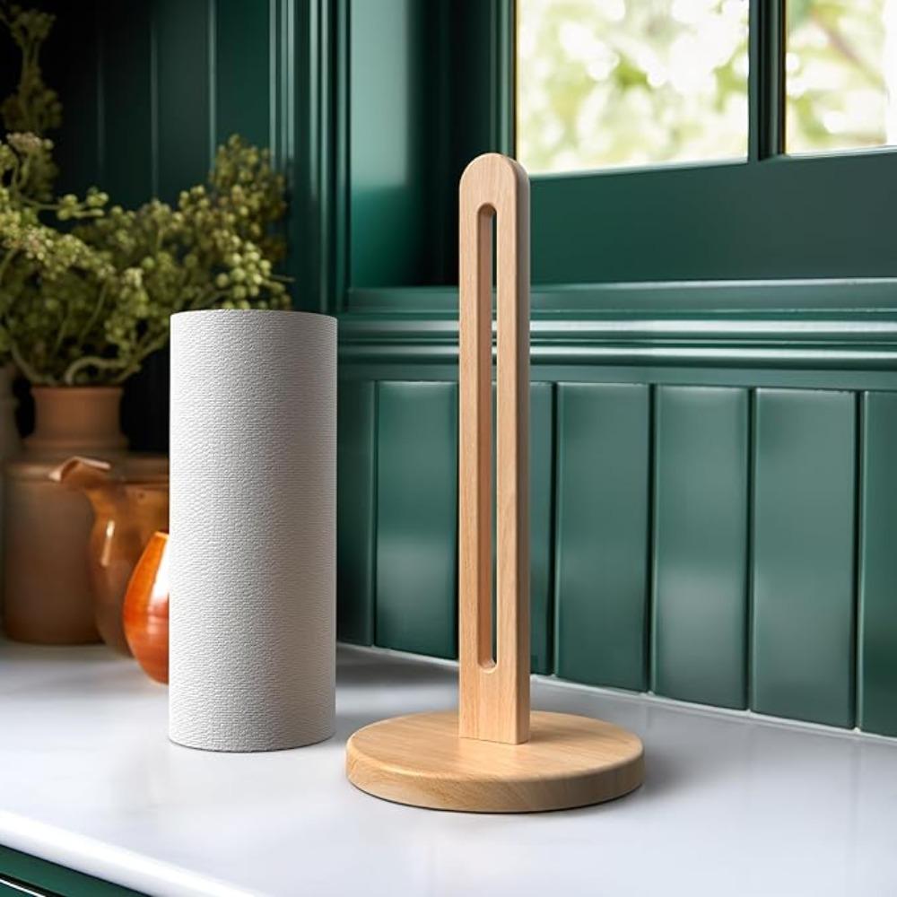 Wooden Standing Paper Towel Holder with Non Slip Pad Design Kitchen Bathroom Countertop Roll Storage Rack Bathroom Accessories