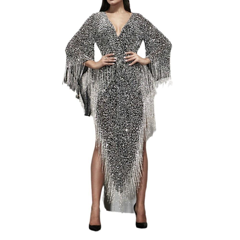 Sommer neues europäisches und amerikanisches Damenkleid Pailletten unregelmäßig langärmelig Fransen tiefes V sexy Kleid
