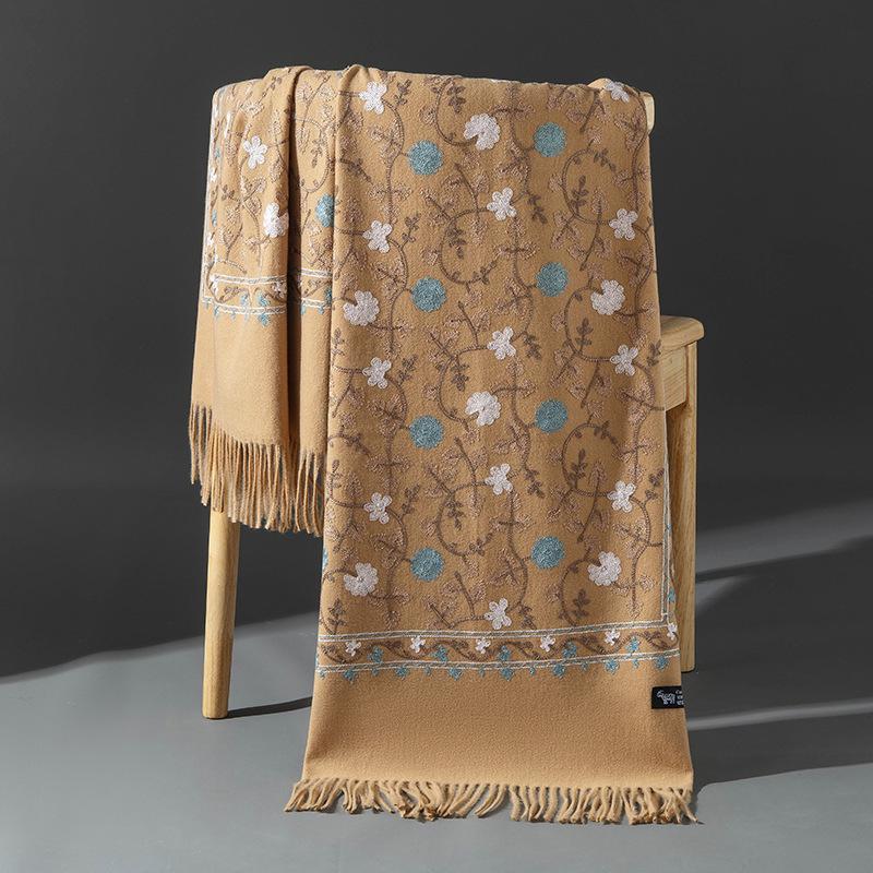Xinjiang Embroidered Imitation Cashmere Scarf: Women’s Ethnic Style, Warm and Versatile with Tassels