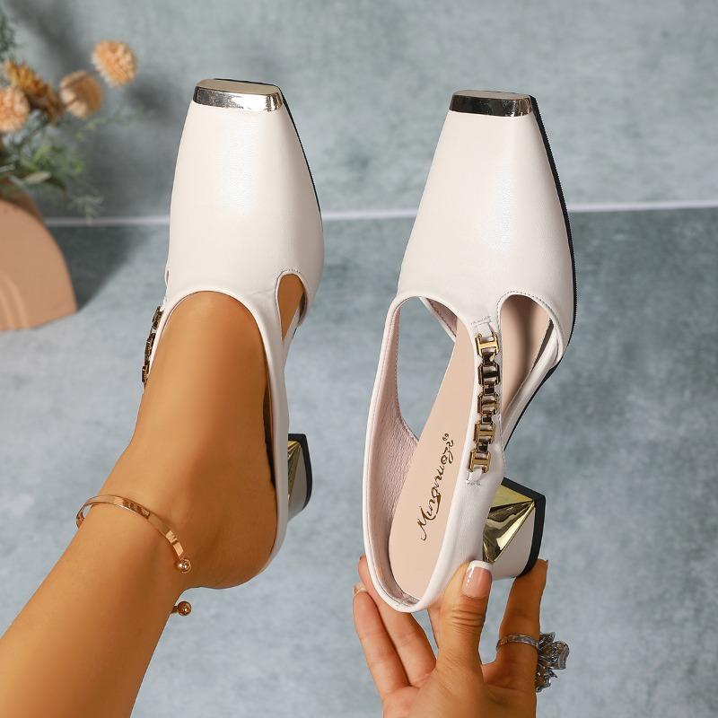 iH2 Women's Elegant Snake- Beige-like White & Golden Ankle Strap High-Heel Sandals - Chunky Block Heel, Square Toe Slip-On Slippers with TPR Sole