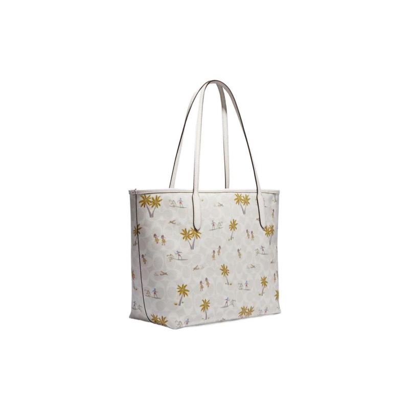 COACH City 33 Silver Letter Logo Plant Print Classic Jacquard Leather Tote Bag Shopping Bag Tote Bag Hand Shoulder Bag Women's White