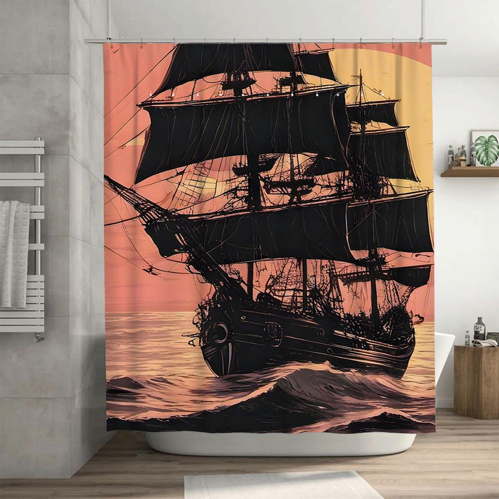 Sailing Ship Shower Curtain Black Pink Nautical Bath Decor for Kids or Adults Polyester Fabric with Hooks Perfect Gift Idea For