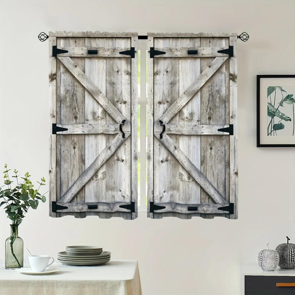 Retro Country Style Light Filtering Colour Wooden Door Patterned Curtains Farm Barn Retro Style Background Window Drapes for Living Room Bedroom