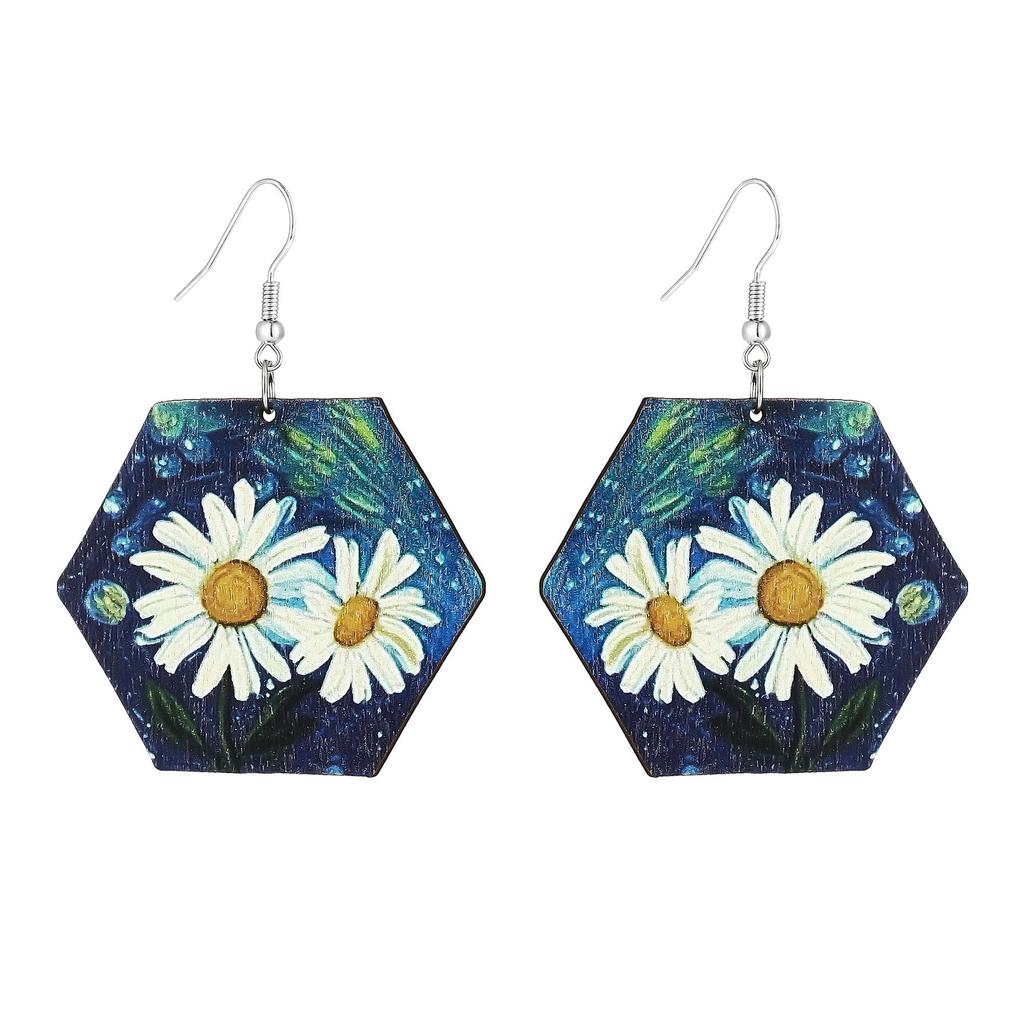 Eco-Friendly Wooden Earrings, Personalized Geometric Hexagonal Chrysanthemum Earrings