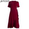 BITCED V-Neck High-Waisted Tie-Detail Dress Solid Color Long-Sleeve Short-Sleeve Dress Vacation Travel Dress