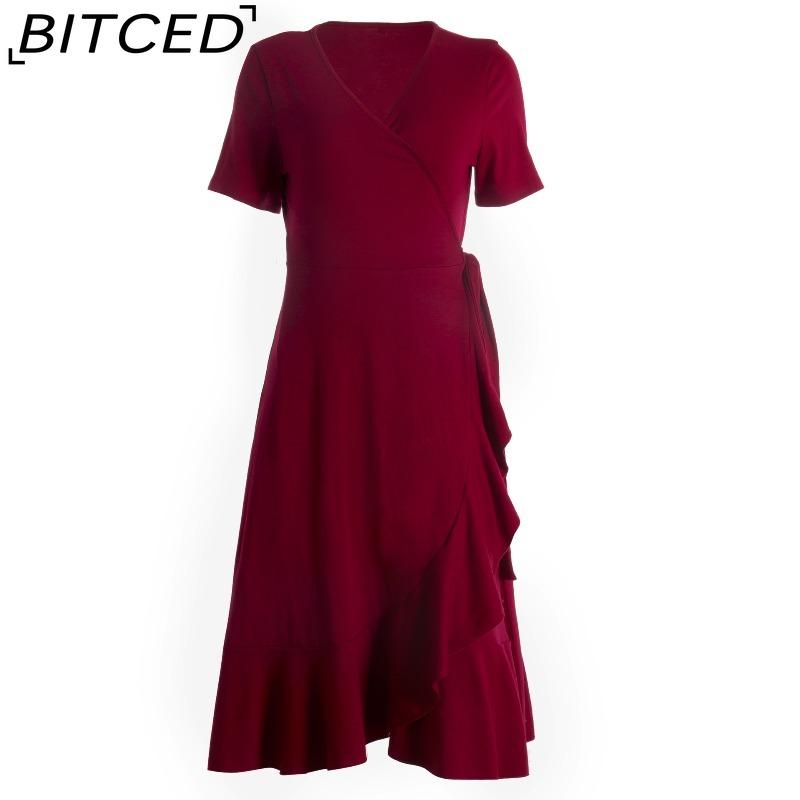 BITCED V-Neck High-Waisted Tie-Detail Dress Solid Color Long-Sleeve Short-Sleeve Dress Vacation Travel Dress