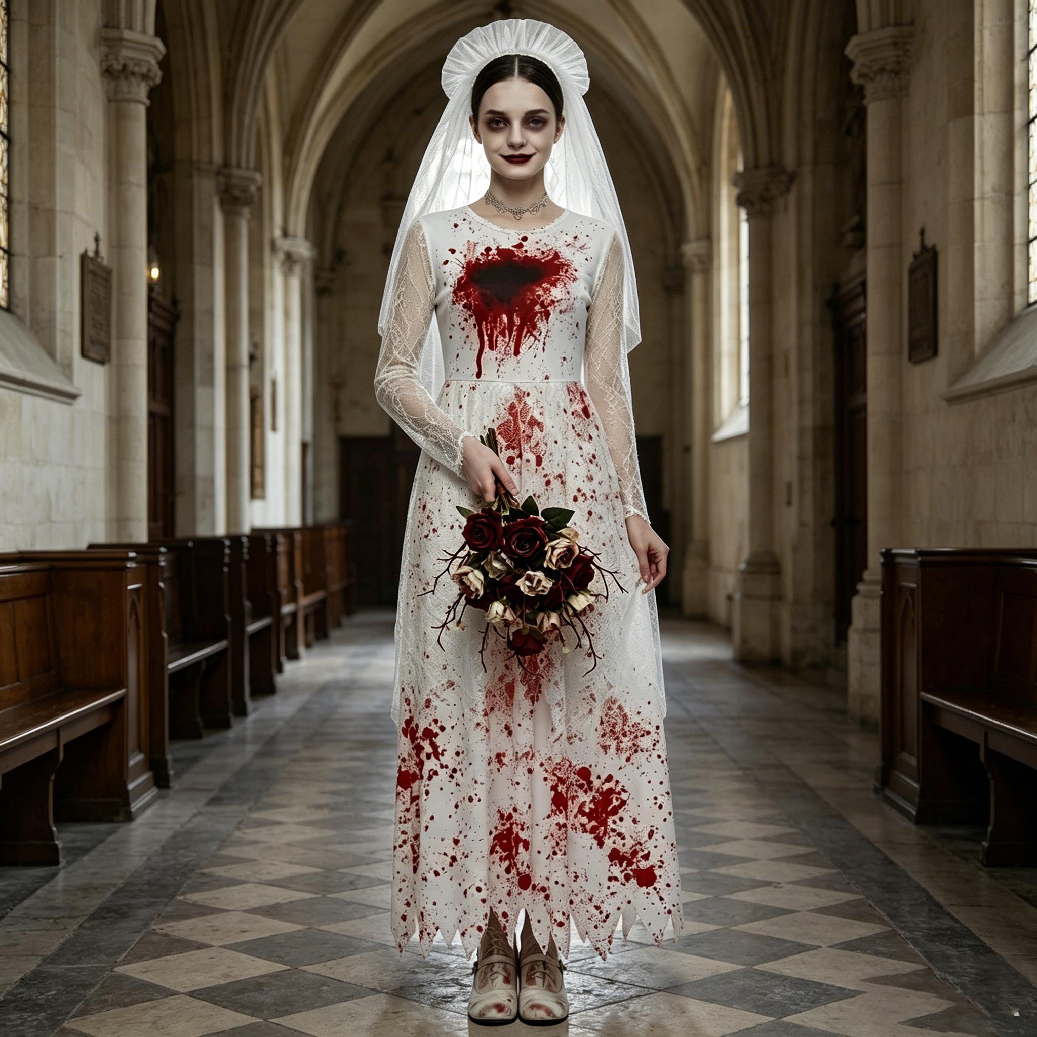 Women s Blood-Stained Wedding Dress Costume for Halloween Theme Party with XL