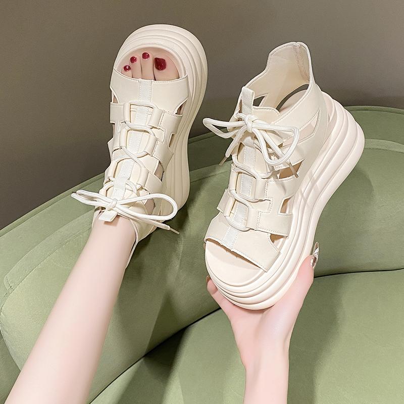 fashion Thick-soled Daddy Sandals for Women Summer New Casual 8cm Increased Fish Mouth Wedge Heel Lace-up High-top Roman Sandals
