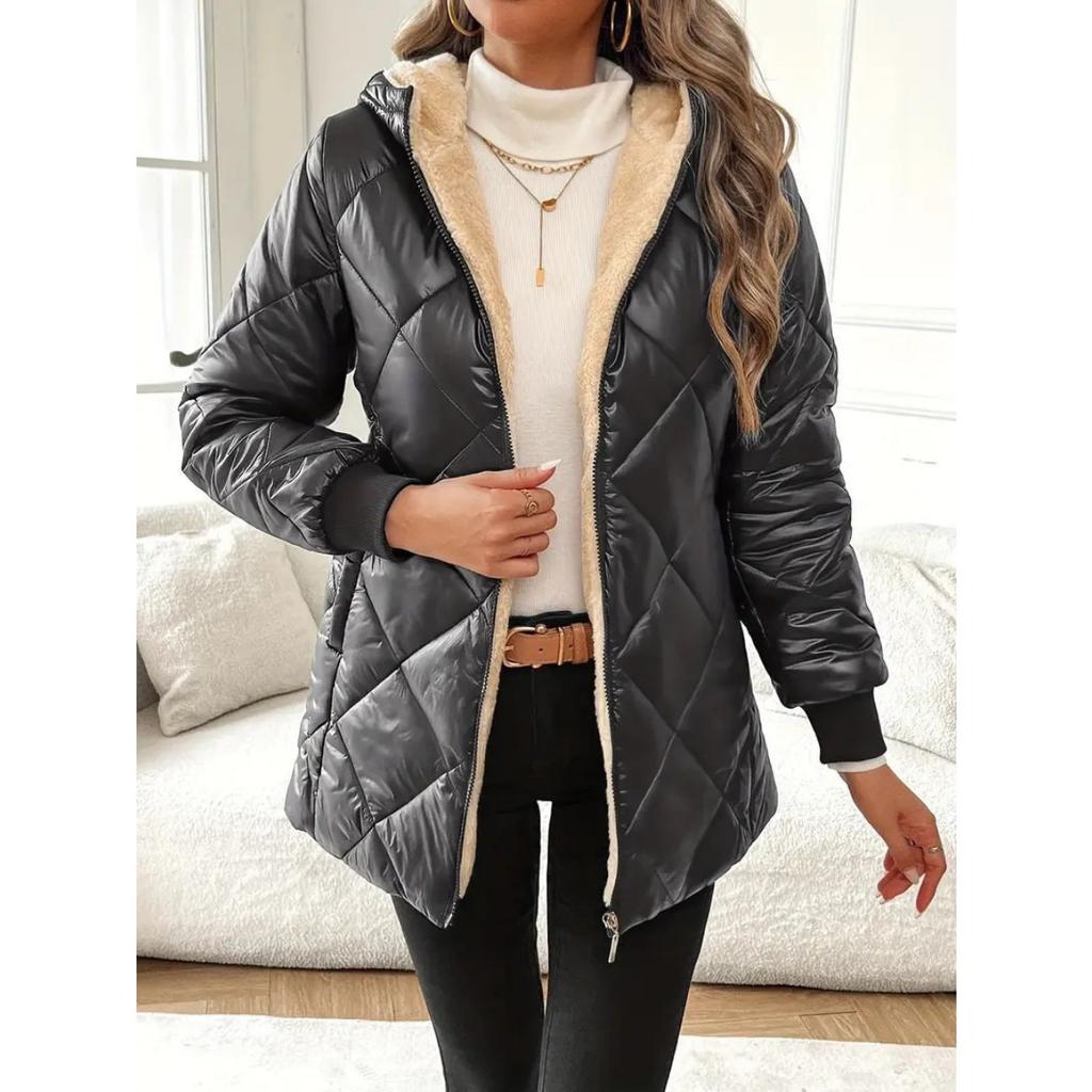 Women's Winter European American Style Loose Thickened Warm Quilted Diamond Pattern Hooded Puffer Coat