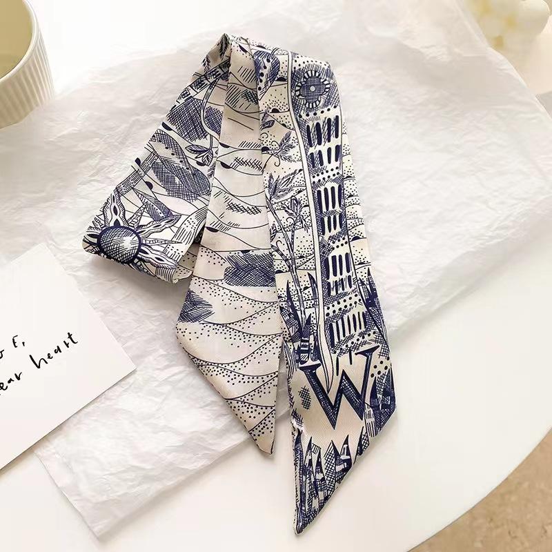 Small White And Tender Green Silk Scarf For Women, Thin Streamer, Headband, Hair Tie, Bag Decoration Long