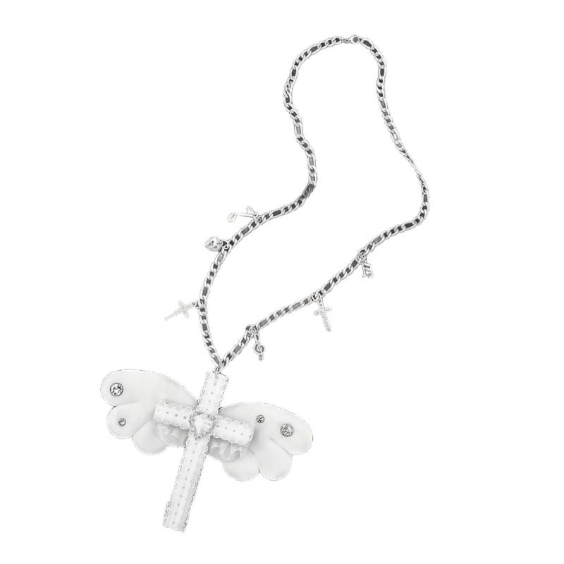Unique Dark Aesthetic Alloy Demons Wing And Crucifix Pendant Necklace Adjustable Sweater Chain For Trendy Girls 1