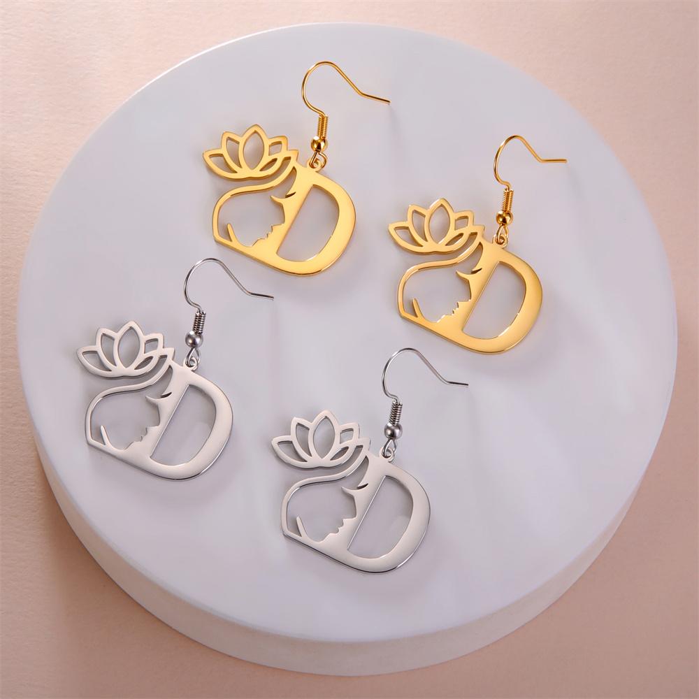 My Shape Beauty Flower Letter Drop Earrings for Women A-Z Alphabet Initials Lotus Stainless Steel Fashion Jewelry Kids Female