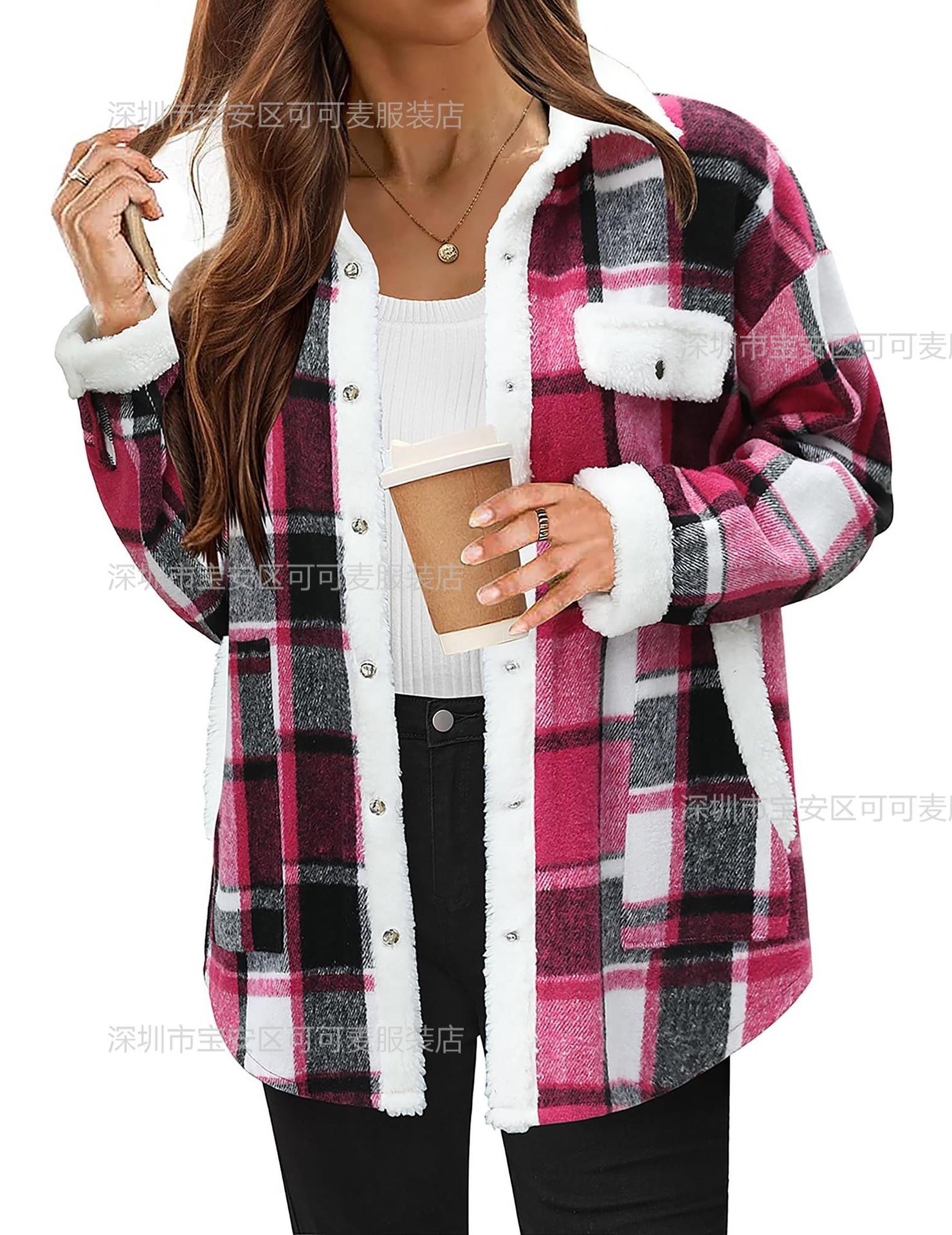 

Женская клетчатая куртка на флисовой подкладке с лацканами, теплая зимняя куртка на пуговицах и с передним карманом XXL красный