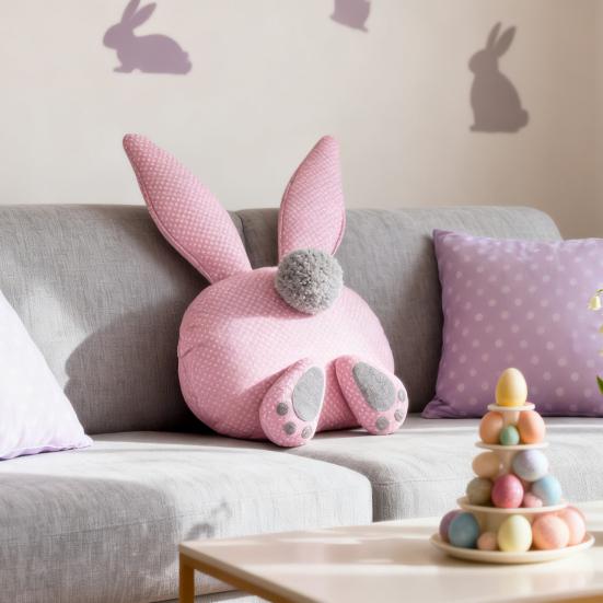 Poduszka Króliczka Wielkanocnego Różowa Poduszka Króliczka z Długimi Uszami Puszysty Ogon Urocze Stópki Pluszowa Zabawka Królik w Kropki Poduszka do Rzucania na Domową Sofę Kanapę Samochód