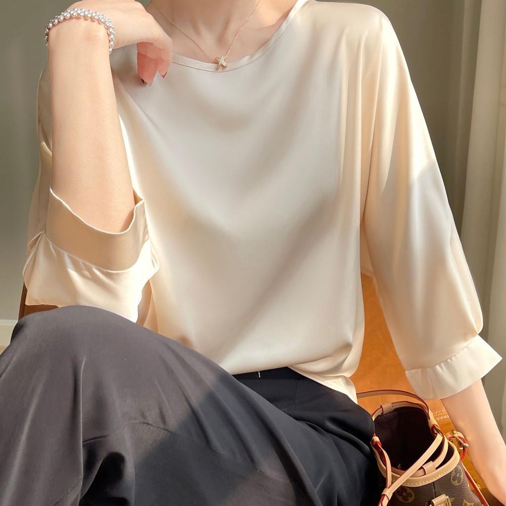 In Summer Satin Silk Half-Sleeve Tee Tops Basic Solid Women‘s T-Shirt Casual O-neck Thin Shirts Ladies Loose Blouses