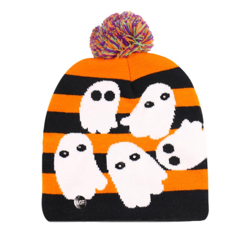 Divertente cappello lavorato a maglia con teschio fantasma di zucca per feste natalizie a LED per Halloween