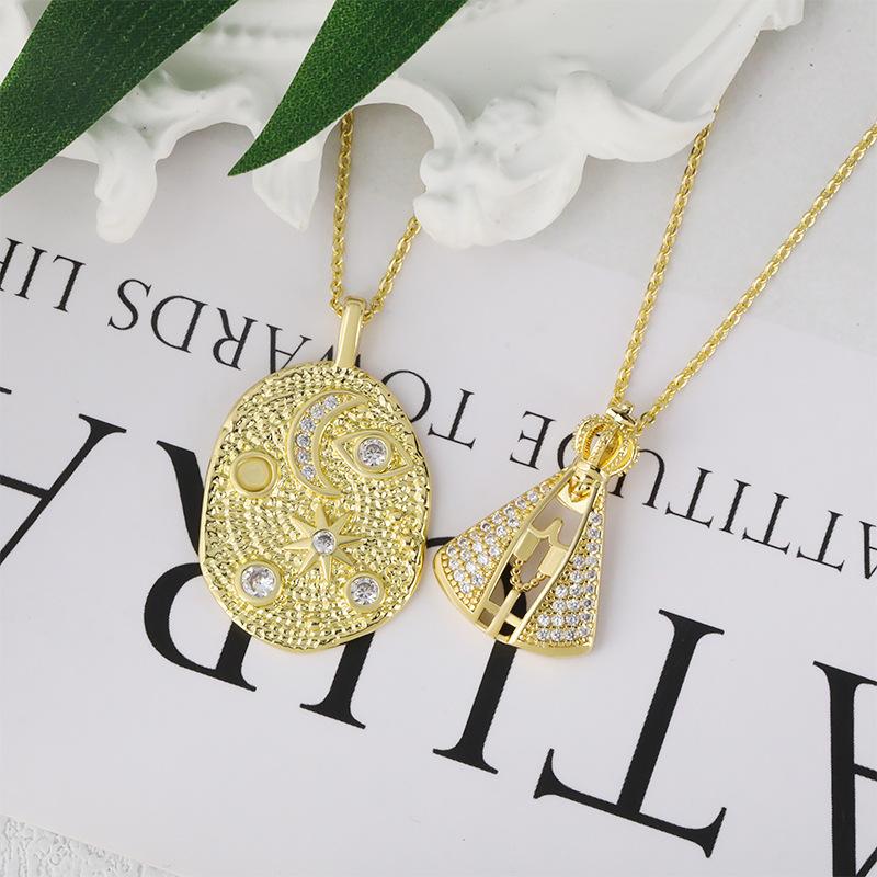 Religious Virgin Mary Pendant Necklace - Hypoallergenic Copper Plated Collar Chain with Cubic Zirconia Slavic Cross