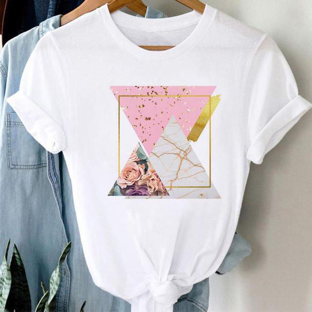 Neues Damen T-Shirt Mode Schwarz Tops Floral Geometrischer Druck T-Shirt Weiblich Lässig Kurzarm O-Ausschnitt T-Shirt Tops Kleidung