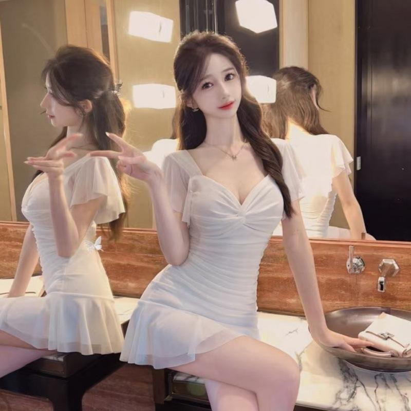 Lady Style Mesh Ruffle Bodycon Dress - Waist-Slimming A-Line Skirt