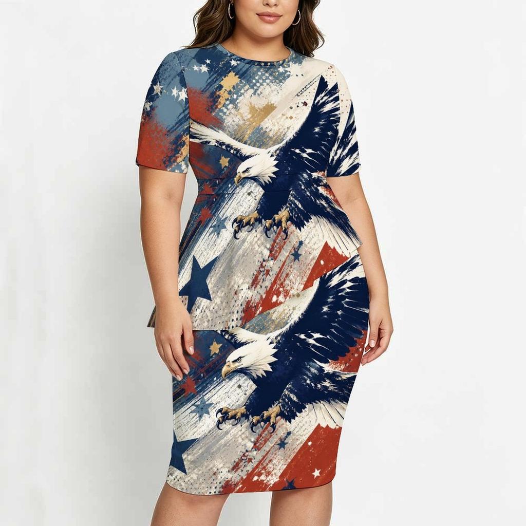 Women Plus Size Round Neck Short Sleeve Navy Red Printed Asymmetric Top And Fitted Skirt Two Piece Set