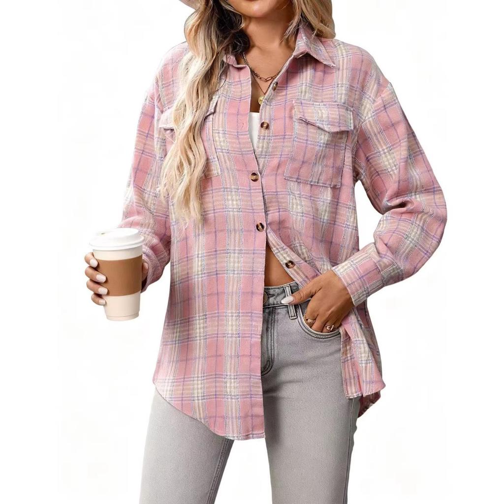 European & American Women's Casual Plaid Pocket Shirt – Autumn Winter 2025 Collection