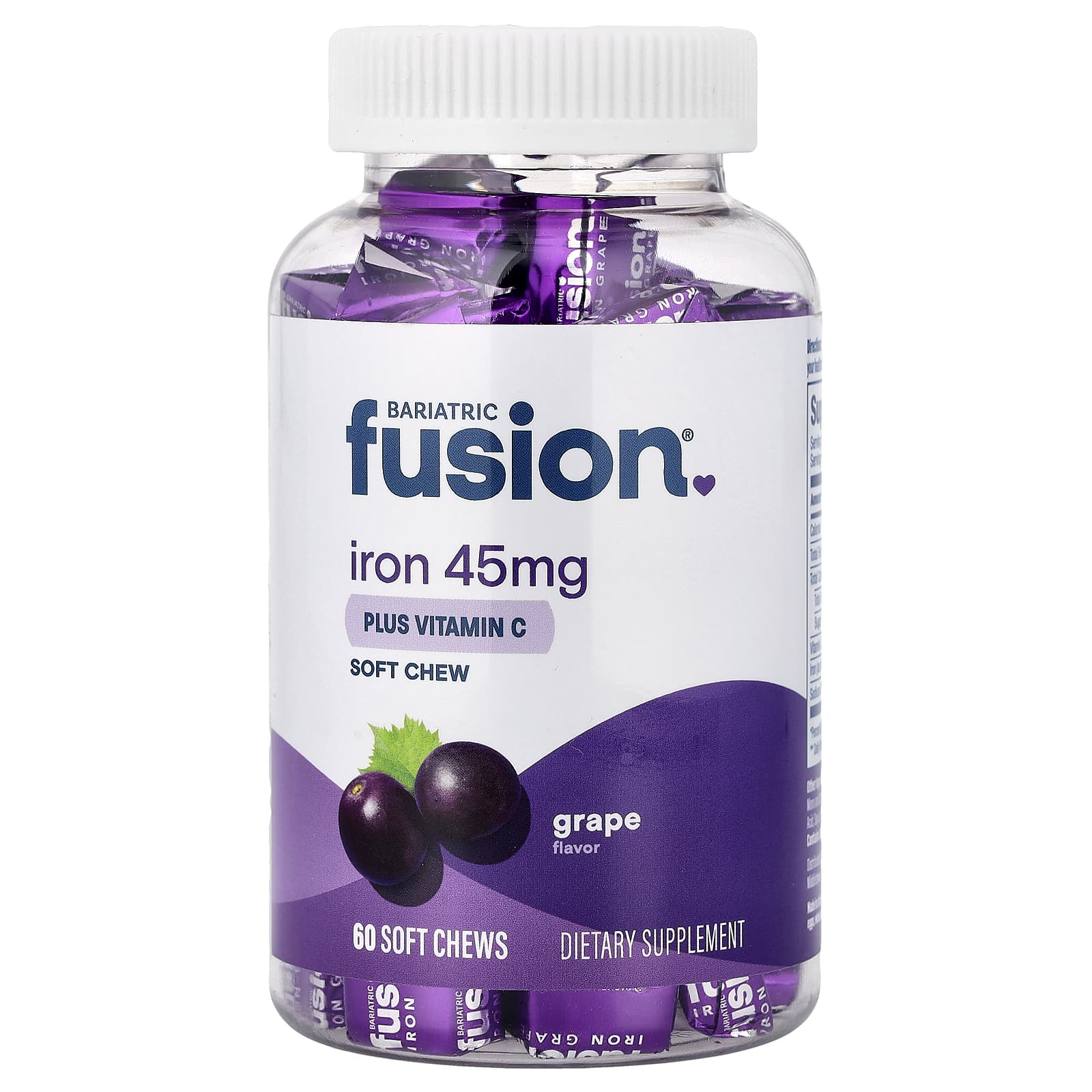 

Bariatric Fusion, Iron Plus Vitamin C Soft Chews, Grape Flavor, 60 Soft Chews