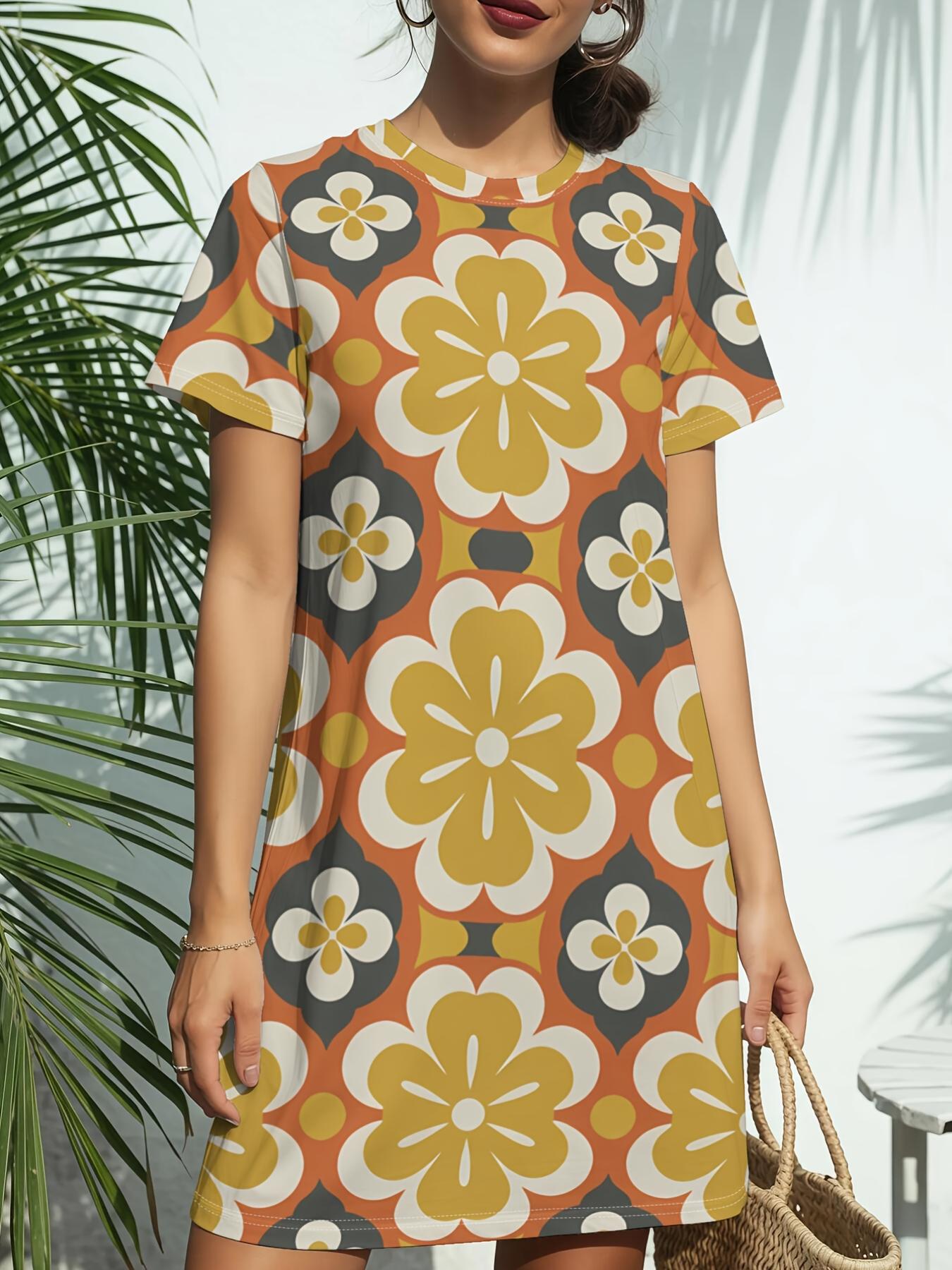 

Retro Geo Tile New Women S Short Sleeve T-Shirt Dress. American Fashion Trend with Digital Print. Casual And Versatile for Spring ; Summer - Stylish ; 7XL дубильна кора