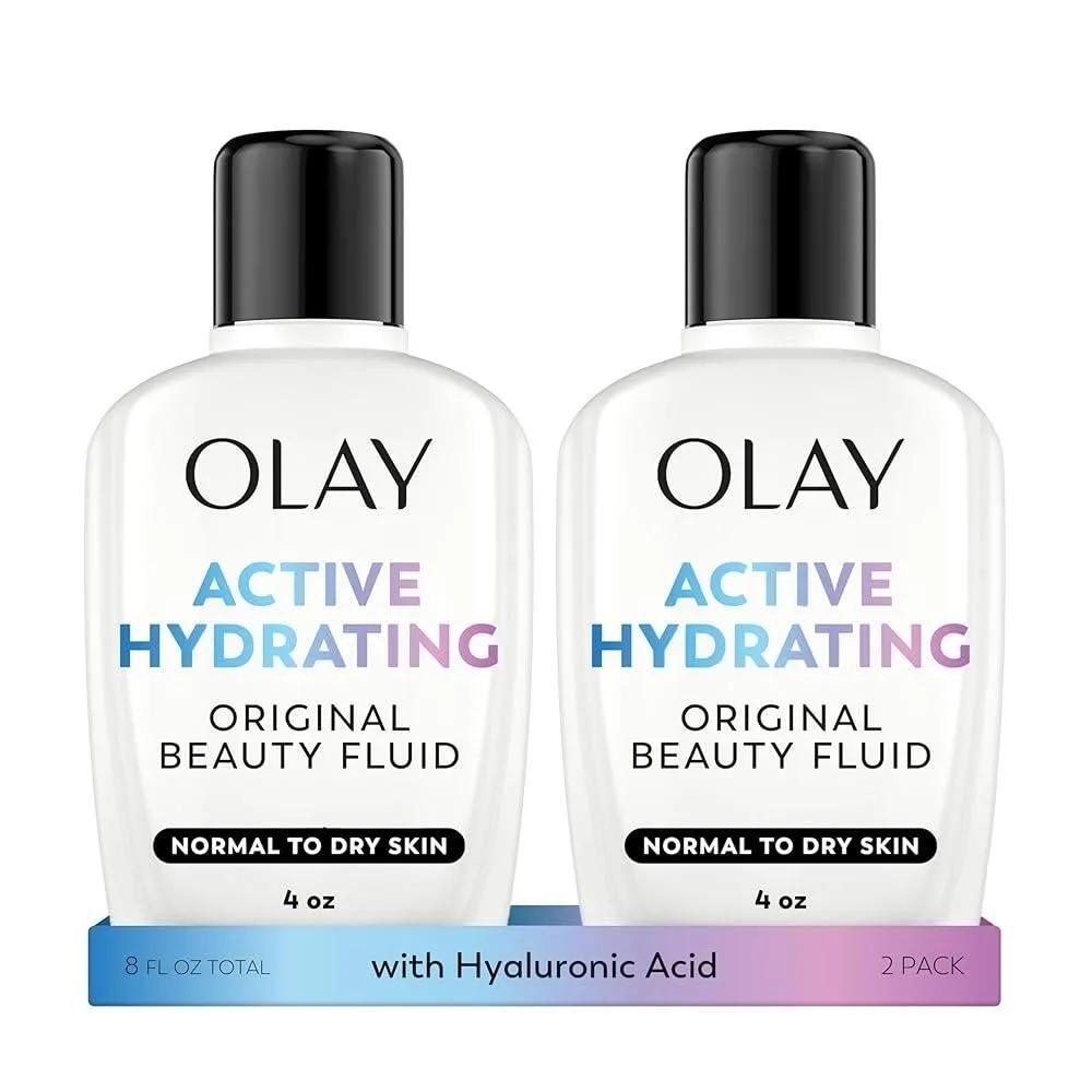The Olay Face Moisturizer Active Hydrating Beauty Fluid Lotion Original Facial 120mL (4oz) 2-pack packaging is