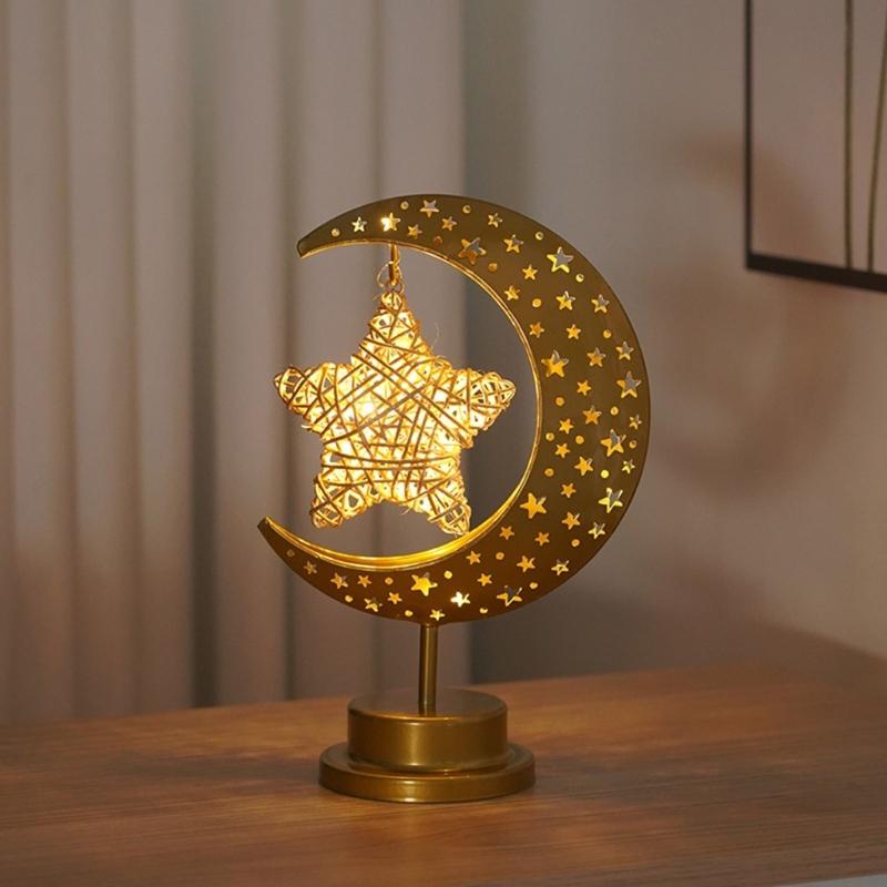 Eid Decors Moon Table Lamp Battery Operated Crescents Lamp Half Moon Light Metal Ramadans Star Lamp Home Decors