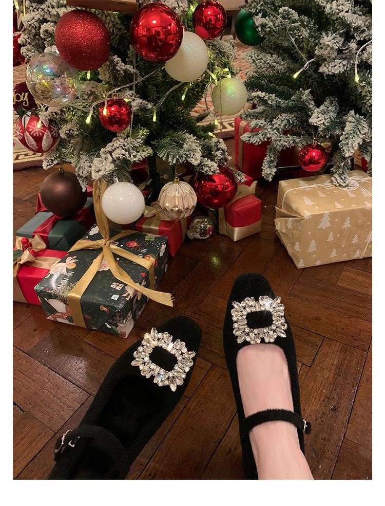 Wool version~ Diamond buckle small square head with woolen thick heel Mary Jane single shoes women's leather small heels ladyshoes