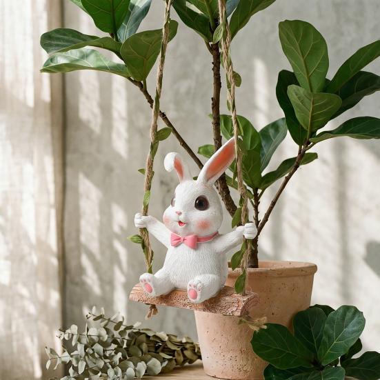 Rabbit on A Swing Ornament Durable Resin Waterproof Hanging Decor with Hemp Rope And Leaf Design Pendant for