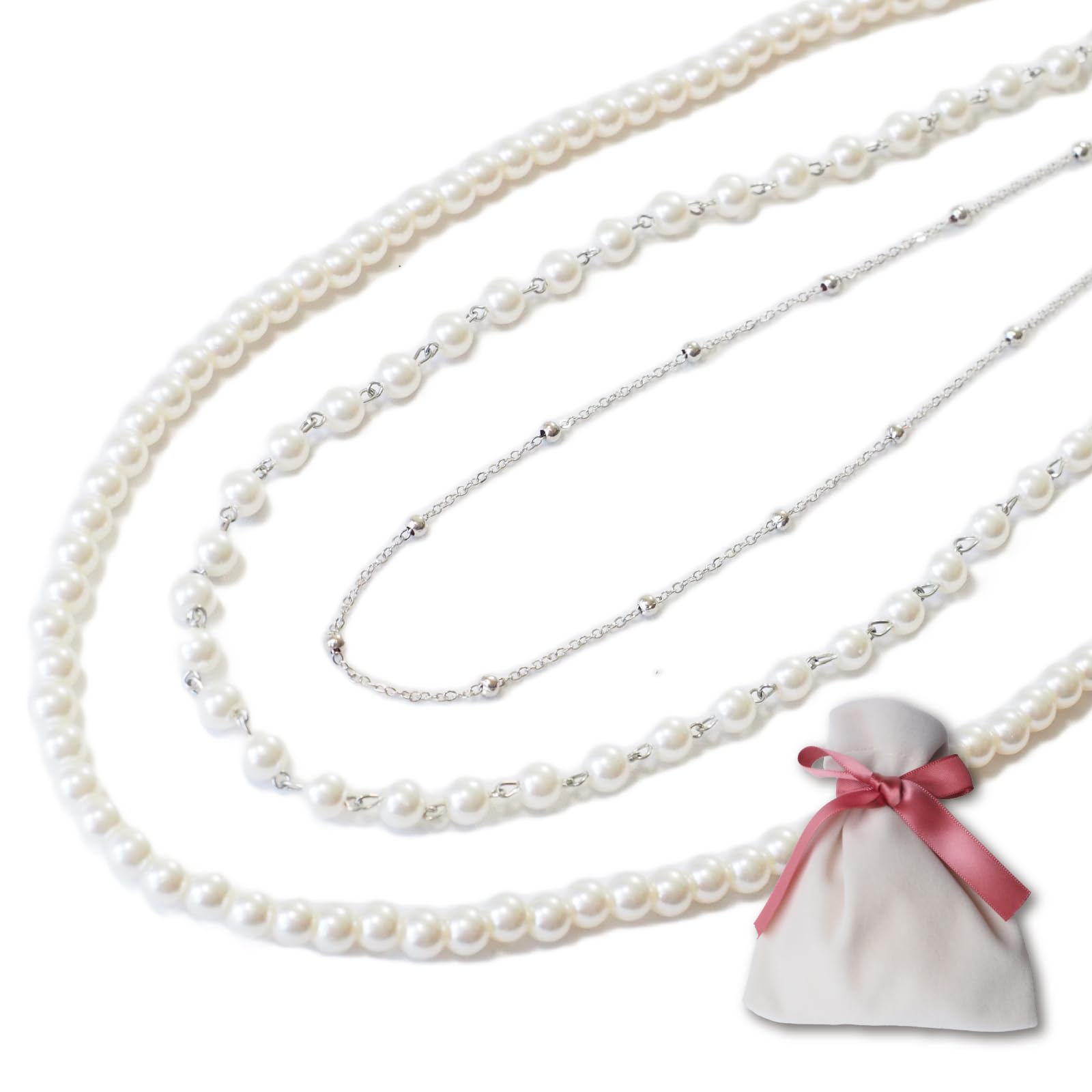 

Long 3 with Imitation for Formal [masamilk] Necklace, Strands, Pouch, Pearl, Weddings, Parties, (Silver)