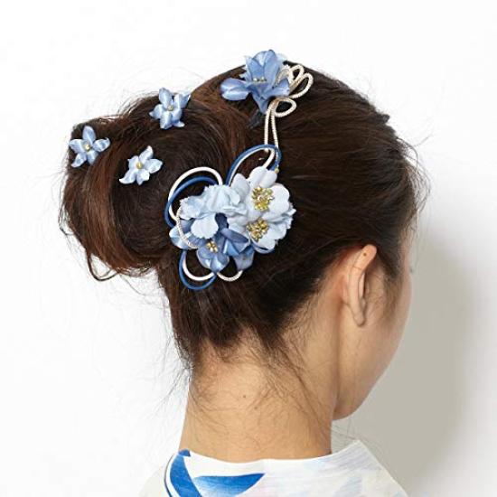 Kamakura Kogei Japanese hair ornament set Carnation flower hair 3 blue [Kamakura Craft] 5-piece clip, hairpin, U-pins, (ulmarine)