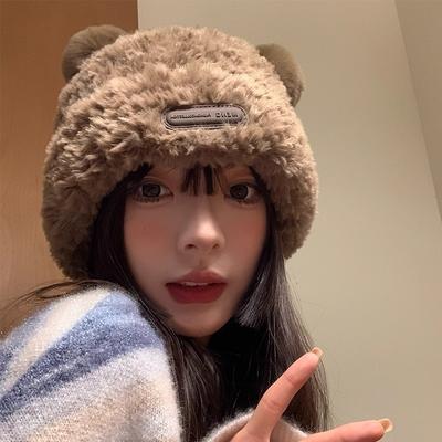 Chapeau en laine ours mignon pour femme hiver 2025 populaire pelucheux chaud moelleux grande circonférence de tête chapeau tricoté