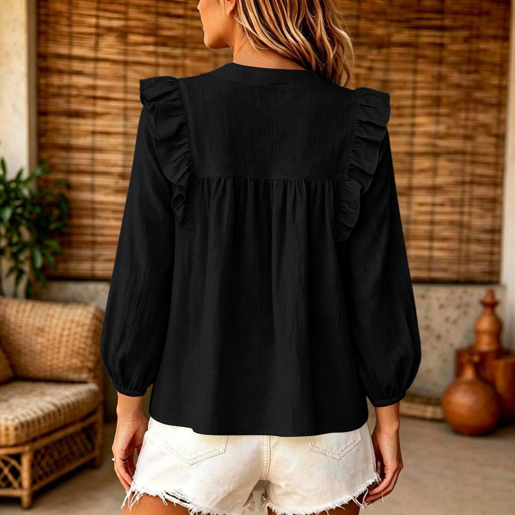 Women's Bohemian Ruffle Trim Puff Sleeve Blouse for Casual Fashion