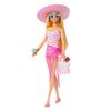 BARBIE - Blonde Puppe med rosa-weißem Badeanzug, Sonnenhut, Tragetasche und Strand-Accessoires, for Kinder ab 3 Jahren, HPL73