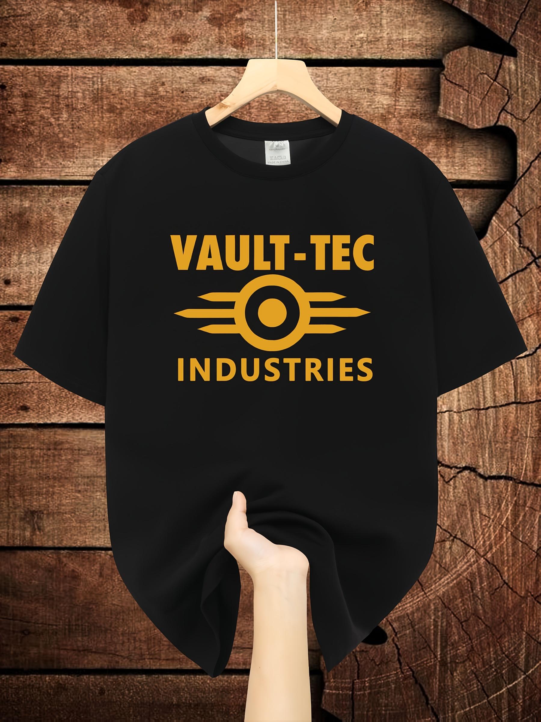 Vault-Tec Graphic Print T-shirt - Black Casual Summer Short Sleeve Crew Neck Top with Bold Yellow Design XXL