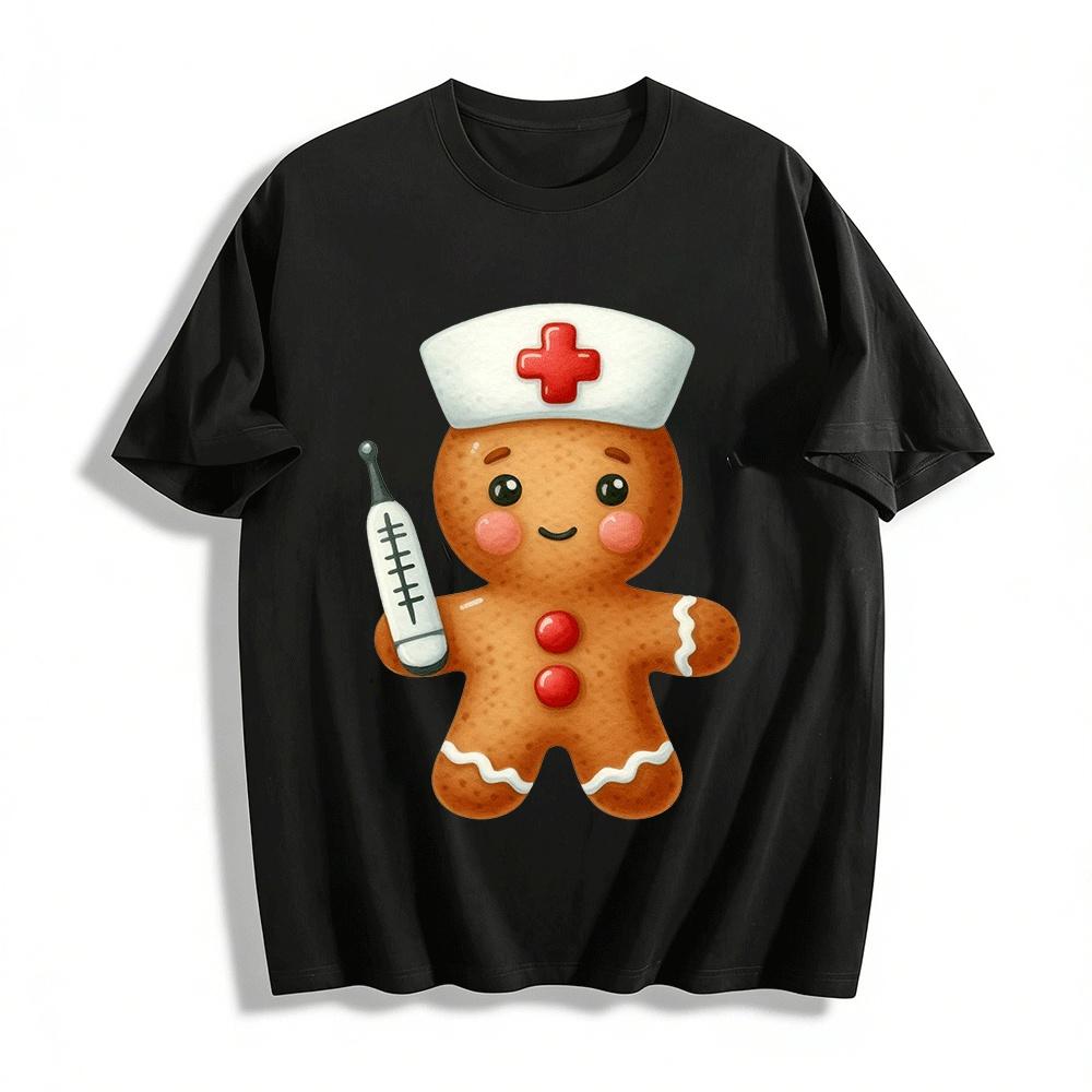 Cute Christmas Gingerbread Nurse Printed Top Pure cotton T-shirt XXS