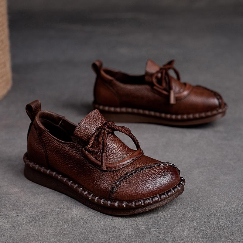 Damskie mieszkania buty wiosenne okrągłe Toe sznurowane oryginalne skórzane mokasyny na co dzień ręcznie robione wygodne buty