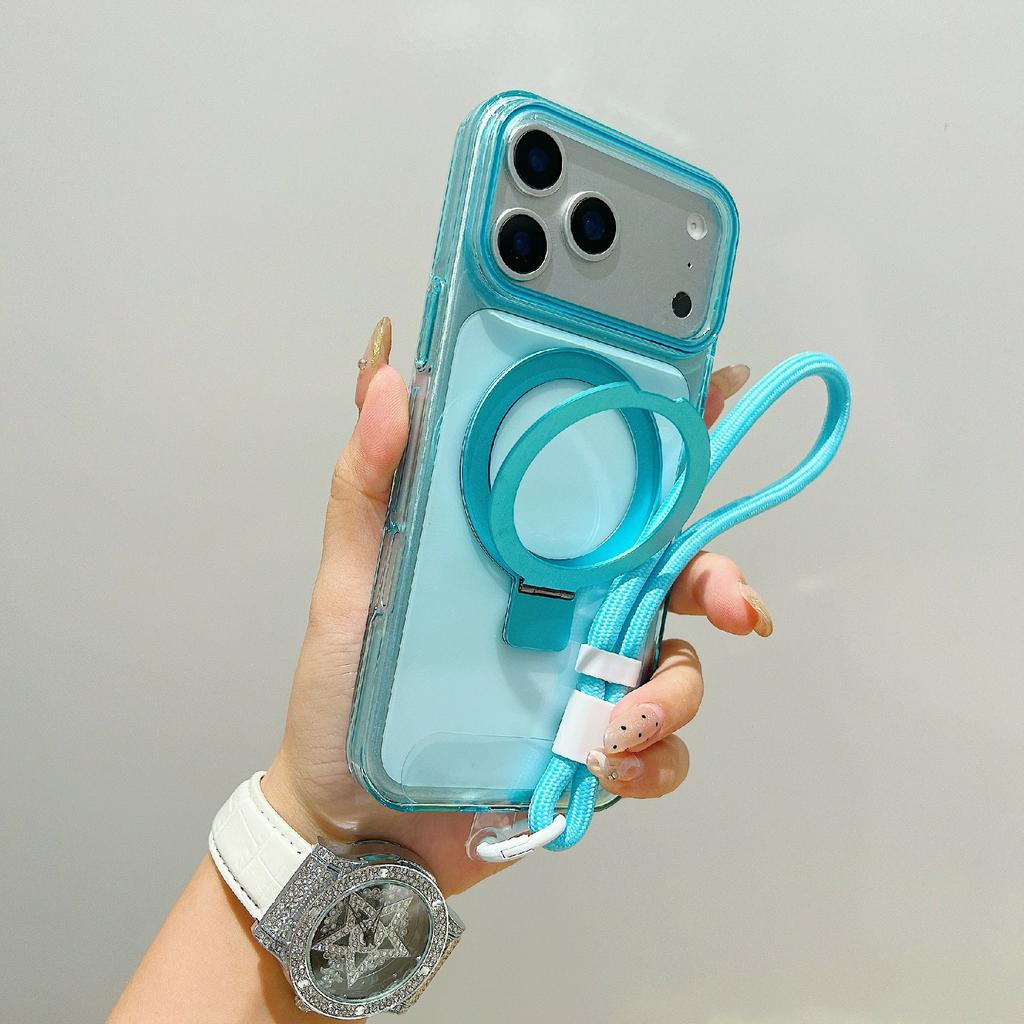 For iPhone 17 Pro Max Magnetic Case Kickstand Clear TPU Phone Back Cover with Wrist Strap