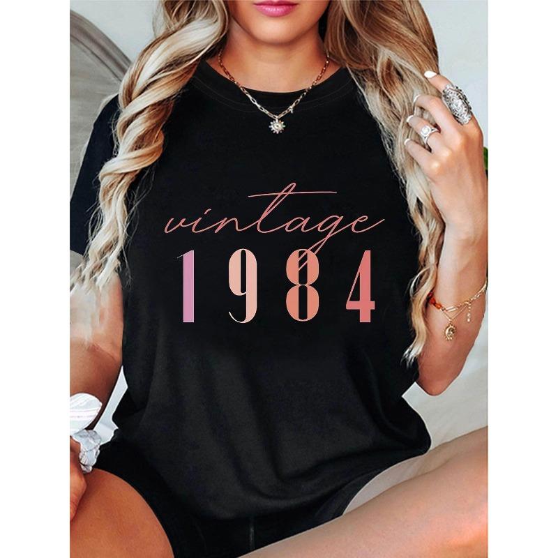 

Plus-Size Women S Round Neck Short Sleeve T-Shirt with A 1984 Birthday Celebration Print for Spring and Summer S чёрный